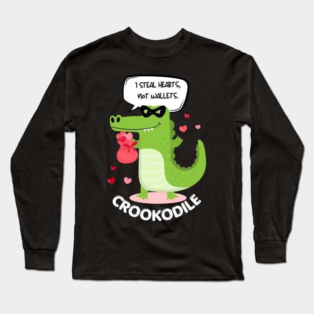 Funny Crocodile Heart Thief Long Sleeve T-Shirt by Fj Greetings